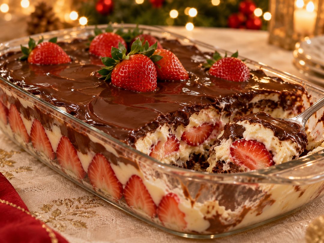 Bombom de morango na travessa com morangos frescos e chocolate